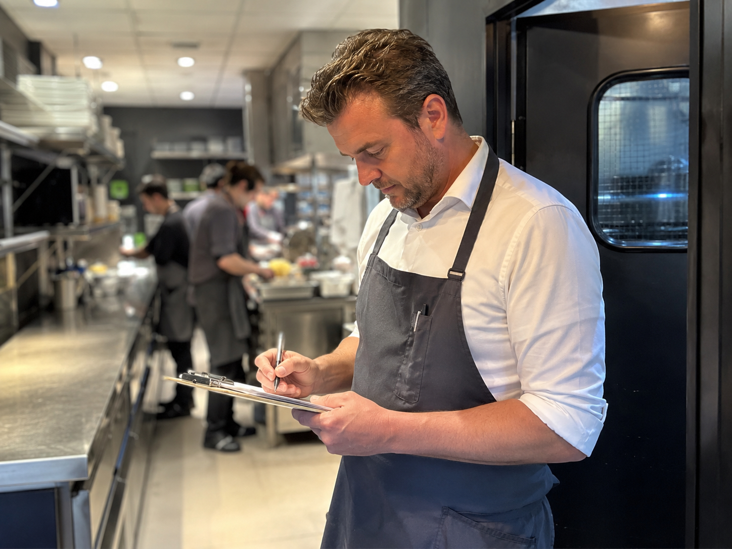 Restaurantkeuken met zichtbare reinigingslijsten op de muur en een kok die aantekeningen maakt in een logboek